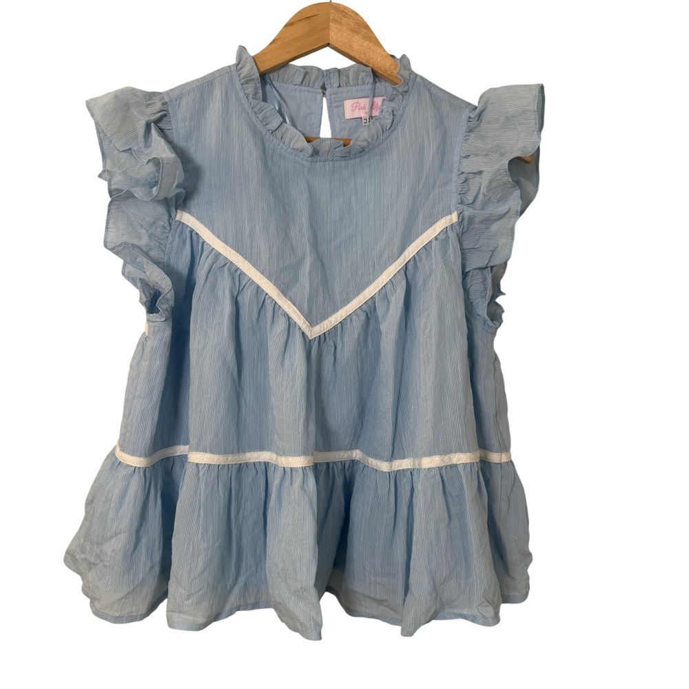 Pink Lily Ruffle Babydoll Top Womens M Blue Striped Tiered Sleeveless Excellent